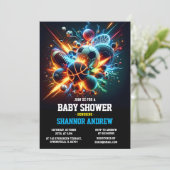 男の子のための個性的な現代スポーツテーマのベビーシャワー 招待状 (スタンド正面)