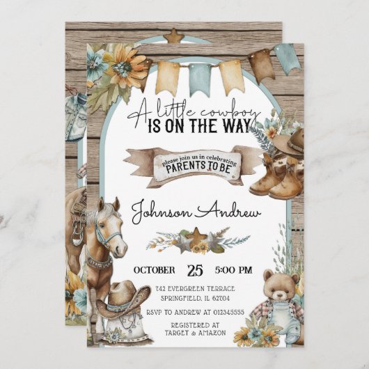 男の子のための小さなカウボーイの赤ちゃんシャワー 招待状 (正面/裏面)