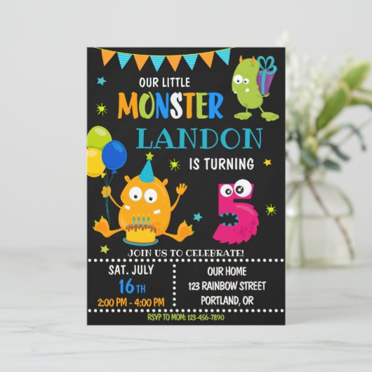 男の子のための小さなモンスターの誕生日の招待 招待状 (スタンド正面)