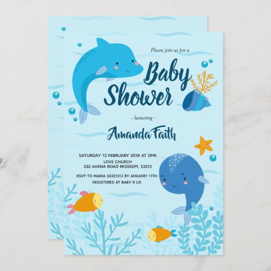 男の子のための海のベビーシャワーの下の青 招待状 (正面/裏面)