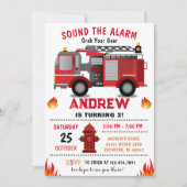 男の子のための消防車の誕生日パーティー 招待状 (正面)