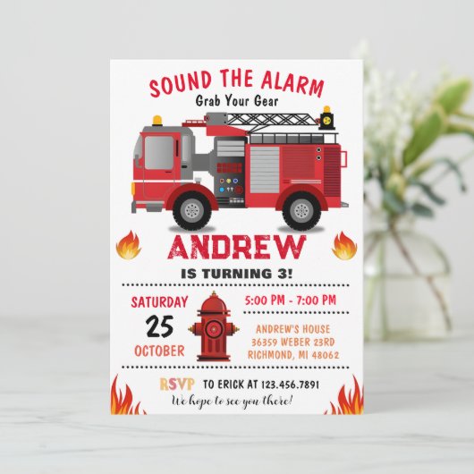 男の子のための消防車の誕生日パーティー 招待状 (スタンド正面)