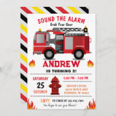 男の子のための消防車の誕生日パーティー 招待状 (正面/裏面)