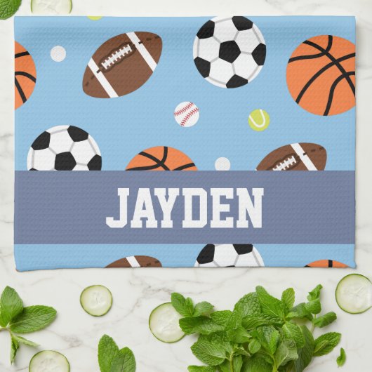 男の子のための球のスポーツがテーマのパターン キッチンタオル (折り畳み)