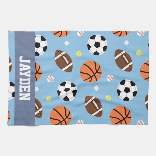 男の子のための球のスポーツがテーマのパターン キッチンタオル (横)
