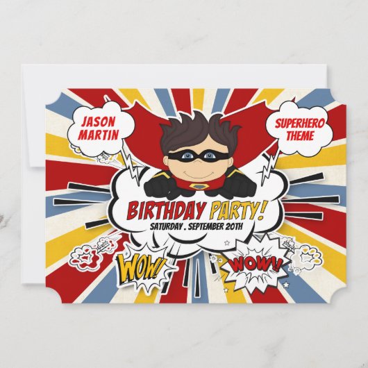 男の子のための誕生日すごいパーティー赤漫画 招待状 (正面)