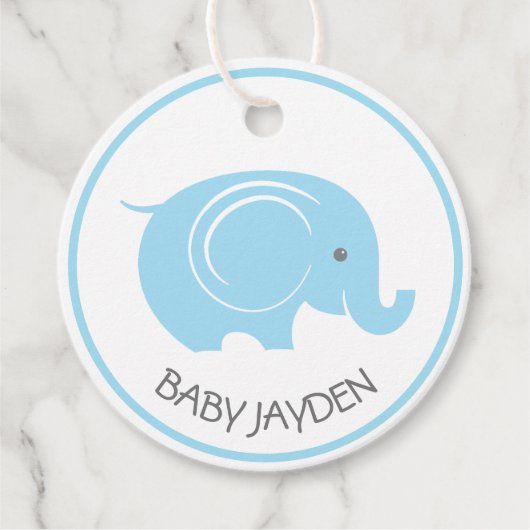 男の子のための象とベビーシャワーラベル フェイバータグ (正面)