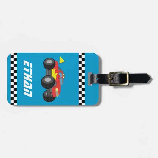 男の子のための赤いモンスタートラックを、競争させます ラゲッジタグ (正面横)