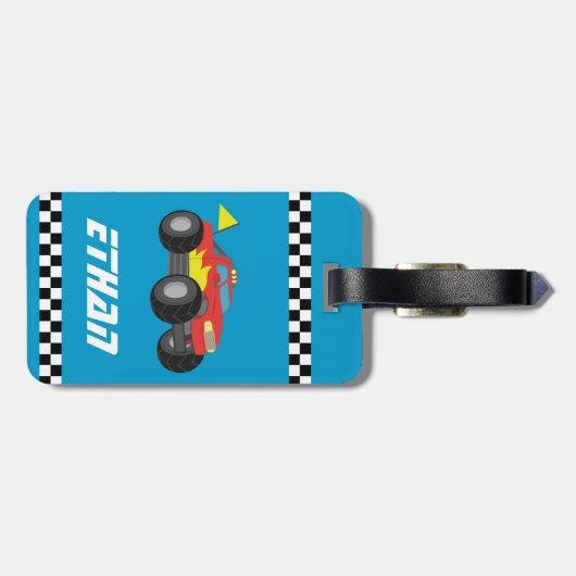 男の子のための赤いモンスタートラックを、競争させます ラゲッジタグ (裏面横)