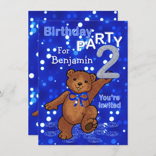 男の子のための踊るくまの第2誕生会 招待状 (正面/裏面)