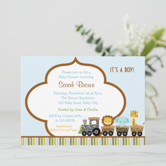 男の子のための野生の列車のサファリ動物の招待状 招待状 (スタンド正面)