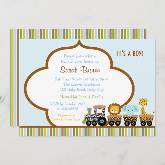 男の子のための野生の列車のサファリ動物の招待状 招待状 (正面/裏面)