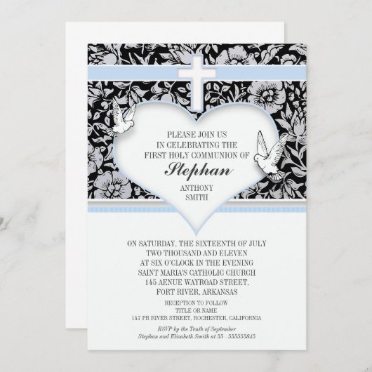 男の子のための青い十字及びハートの招待状に洗礼を施すこと 招待状 (正面/裏面)