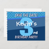 男の子のための3番目の誕生日の日付を保存Blue V07B 案内ポストカード (正面/裏面)