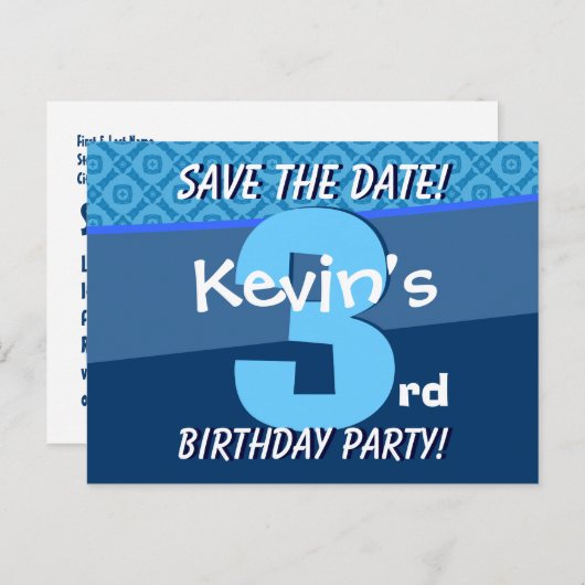 男の子のための3番目の誕生日の日付を保存Blue V07B 案内ポストカード (正面/裏面)
