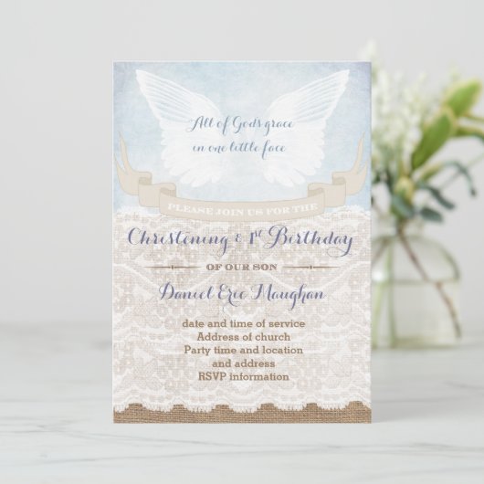 男の子のためのBurlap 1st誕生日と《キリスト教》洗礼式や命名式パーティー 招待状 (スタンド正面)