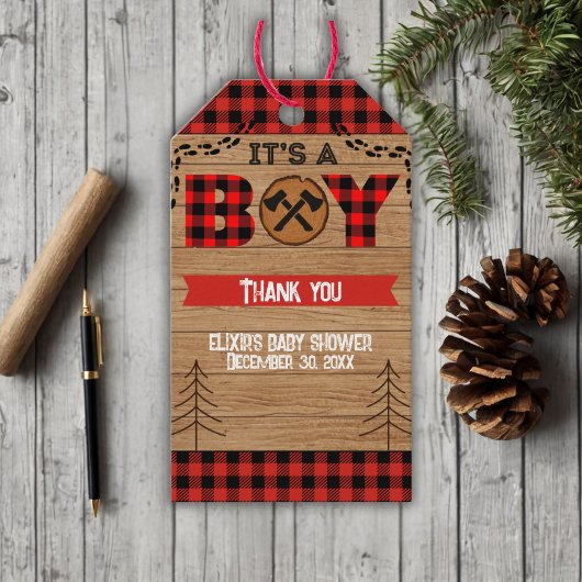 男の子のウッドプレ素朴イド赤ちゃんシャワー ギフトタグ