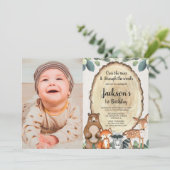 男の子のウッドランド動物の最初の誕生日の写真1 招待状 (スタンド正面)