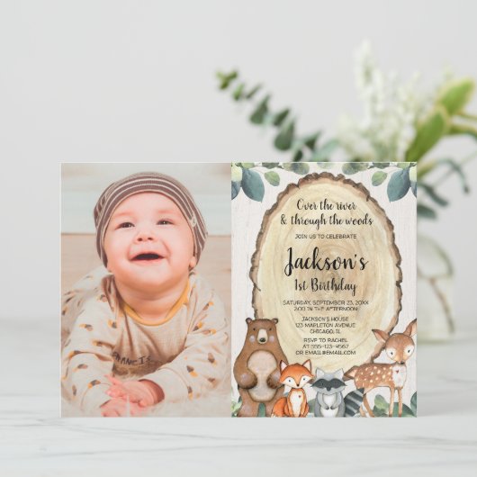 男の子のウッドランド動物の最初の誕生日の写真1 招待状 (スタンド正面)