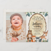 男の子のウッドランド動物の最初の誕生日の写真1 招待状 (正面/裏面)