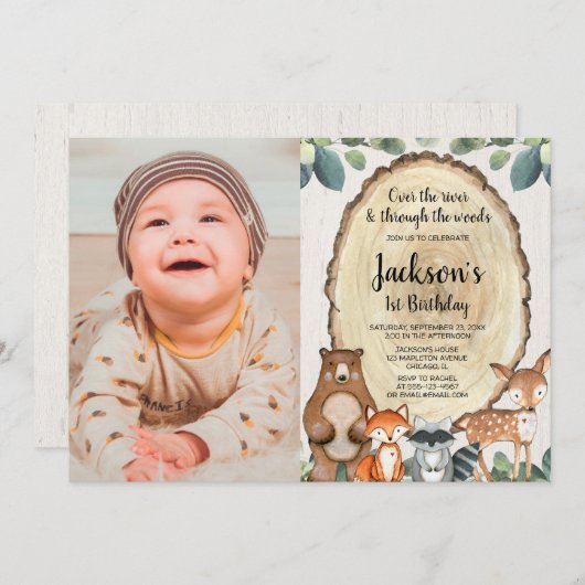 男の子のウッドランド動物の最初の誕生日の写真1 招待状 (正面/裏面)