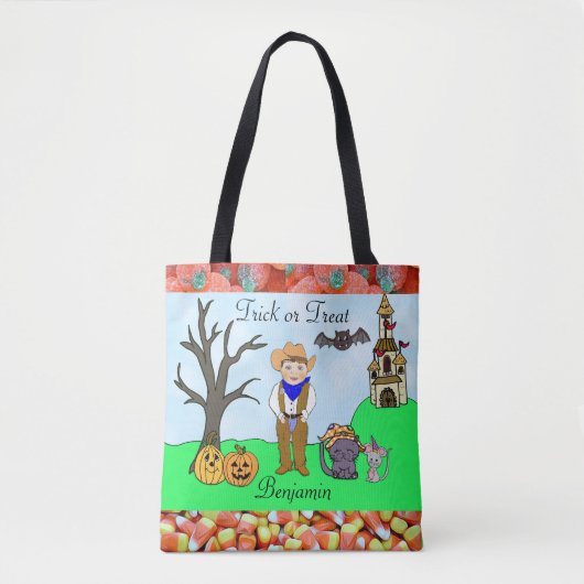 男の子のカウボーイの衣装ハロウィーンをトリックまたは治療する トートバッグ (正面)