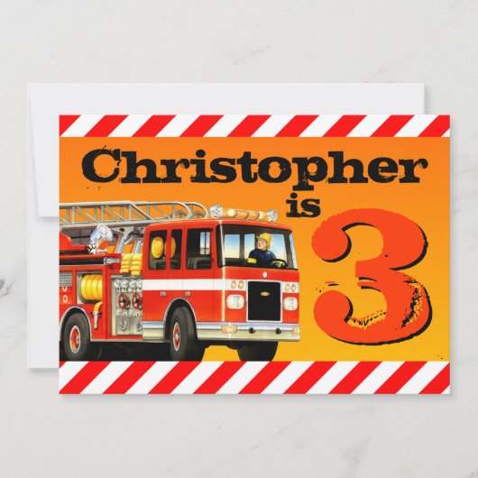 男の子のカスタムな普通消防車の第3誕生会 招待状 (正面)