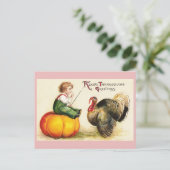 男の子のカボチャとトルコのヴィンテージ感謝祭 シーズンポストカード (スタンド正面)