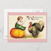 男の子のカボチャとトルコのヴィンテージ感謝祭 シーズンポストカード (正面/裏面)