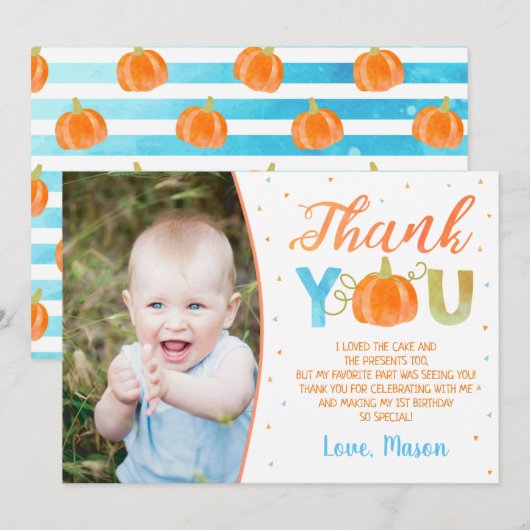 男の子のカボチャのファーストバースデー感謝カード 招待状 (正面/裏面)