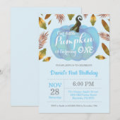 男の子のカボチャのファーストバースデー招待状 青 招待状 (正面/裏面)