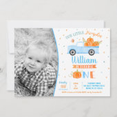 男の子のカボチャの青いトラックの最初の誕生日の招待状 招待状 (正面)