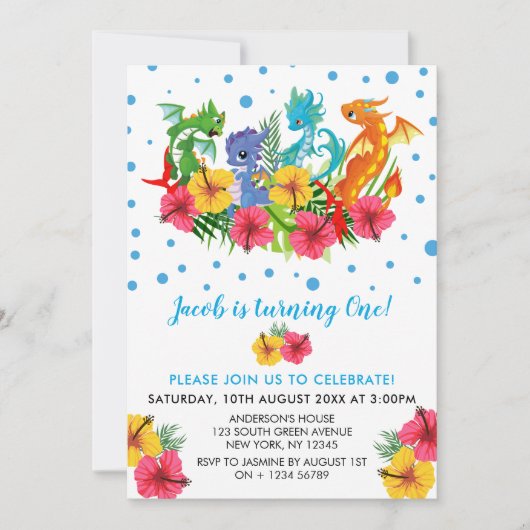 男の子のカラフルな恐竜の熱帯最初誕生日 招待状 (正面)