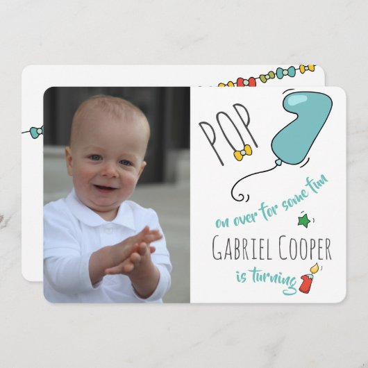 男の子のカラフルな手描きの最初誕生日の気球 招待状 (正面/裏面)