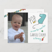 男の子のカラフルな手描きの最初誕生日の気球 案内ポストカード (正面/裏面)