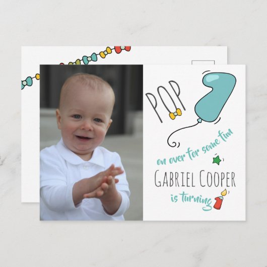 男の子のカラフルな手描きの最初誕生日の気球 案内ポストカード (正面/裏面)