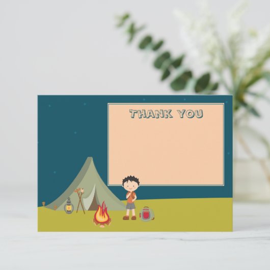 男の子のキャンプの誕生日パ感謝していーティーションフラットカード サンキューカード (スタンド正面)