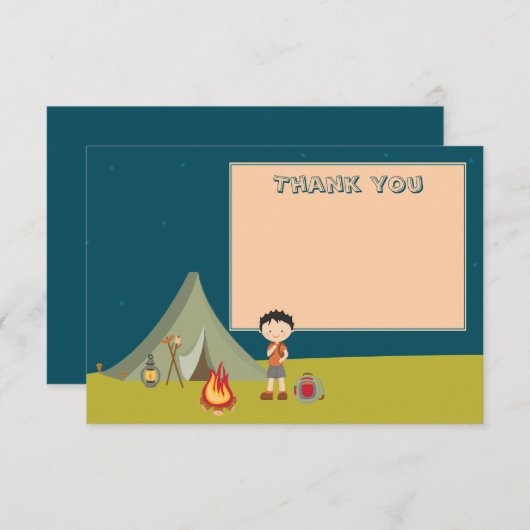 男の子のキャンプの誕生日パ感謝していーティーションフラットカード サンキューカード (正面/裏面)