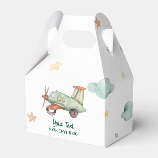 男の子のクールでモダンなカラフルな飛行機の誕生日パーティー フェイバーボックス (正面サイド)