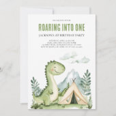 男の子のグリーン水彩恐竜1歳誕生日パーティー 招待状 (正面)