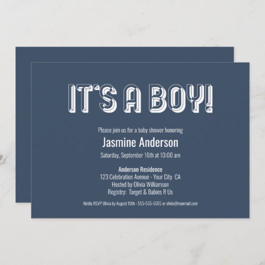 男の子のグレーはっきりしたミニマモダンリストの赤ちゃんシャワー 招待状 (正面/裏面)