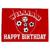 男の子のサッカーのフットボールの赤は個人化なります ラージペーパーバッグ (裏面)