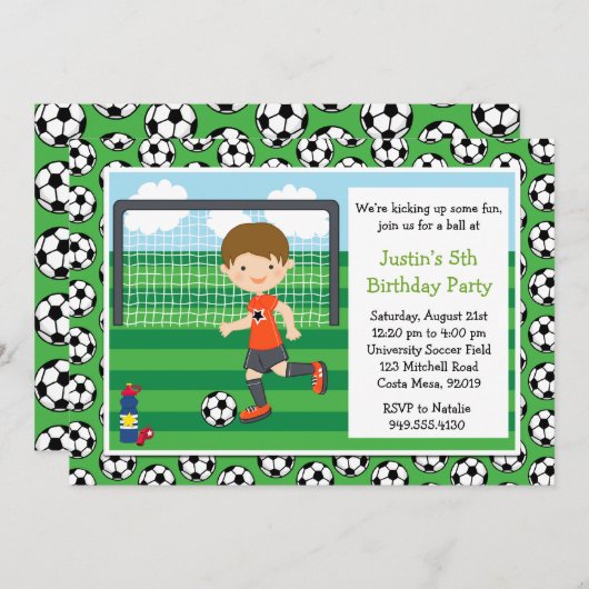 男の子のサッカーの誕生日のパーティの招待状 招待状 (正面/裏面)