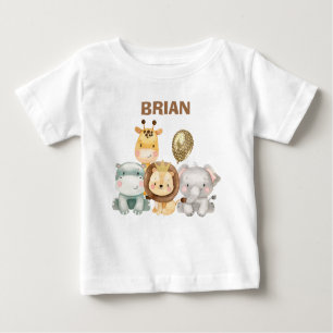 男の子のサファリアニマルズバルーン誕生日シャツ ベビーTシャツ