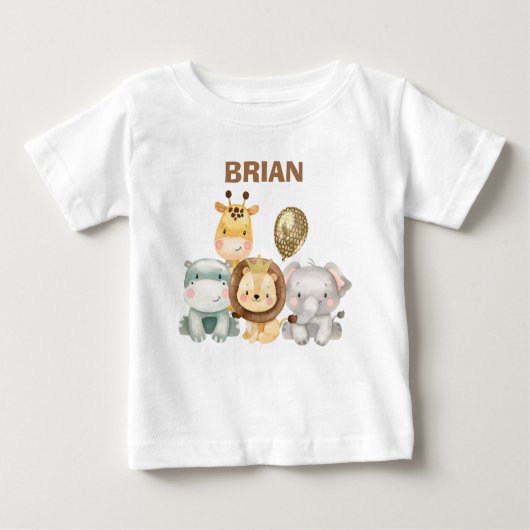 男の子のサファリアニマルズバルーン誕生日シャツ ベビーTシャツ (正面)