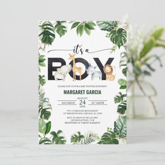 男の子のサファリジャングルの動物のベビーシャワー 招待状 (スタンド正面)