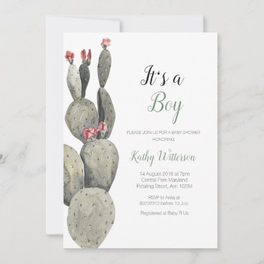 男の子のサボテン桃の赤ちゃんシャワー 招待状 (正面)