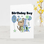 男の子のサルとギフト1st誕生日 カード (黄色い花)