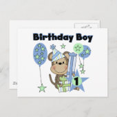 男の子のサルとギフト1st誕生日 ポストカード (正面/裏面)