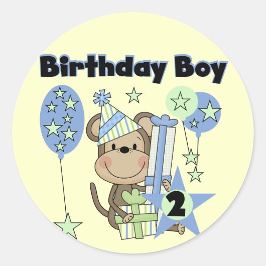 男の子のサルとギフト2nd誕生日Tシャツ ラウンドシール (正面)